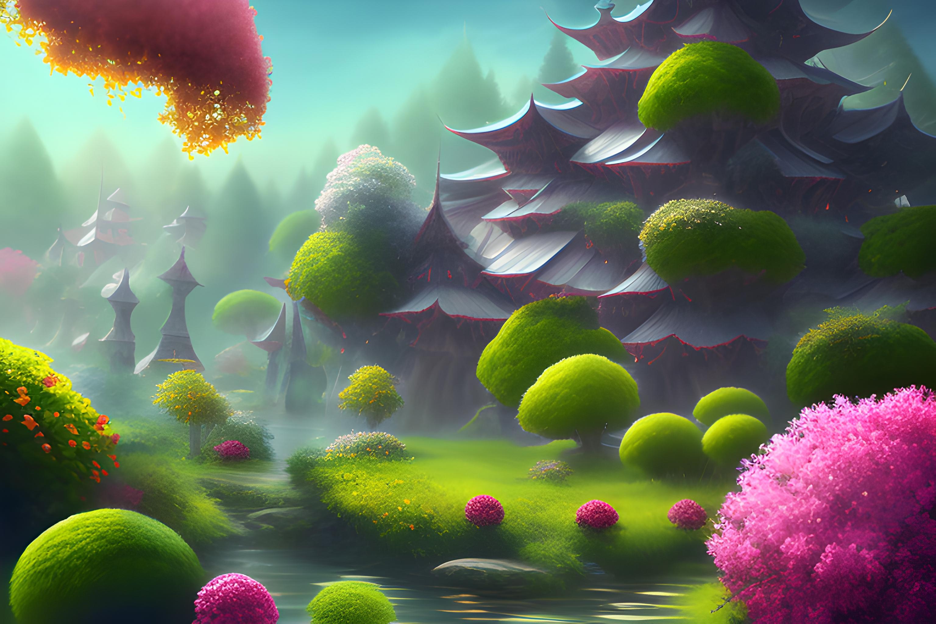 赤、ゴールド、ミントグリーンの植物に囲まれた中世のお城
